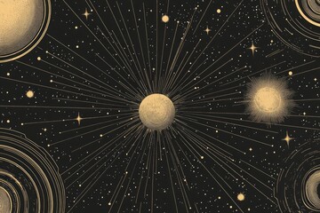 Black and beige geometric vintage background featuring solar system elements Astrological and esoteric themes with mid century design thin lines suns stars stripes and dots