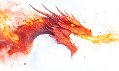 Watercolor illustration of a dragon breathing fire depicted in a side view Hand painted with vibrant red hues