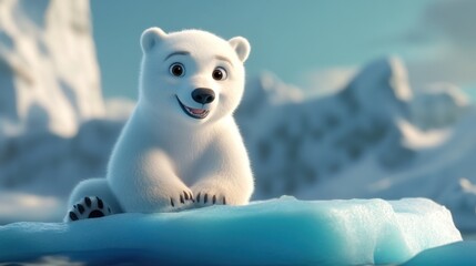 A cute cartoon polar bear sitting on an ice floe in a snowy landscape.