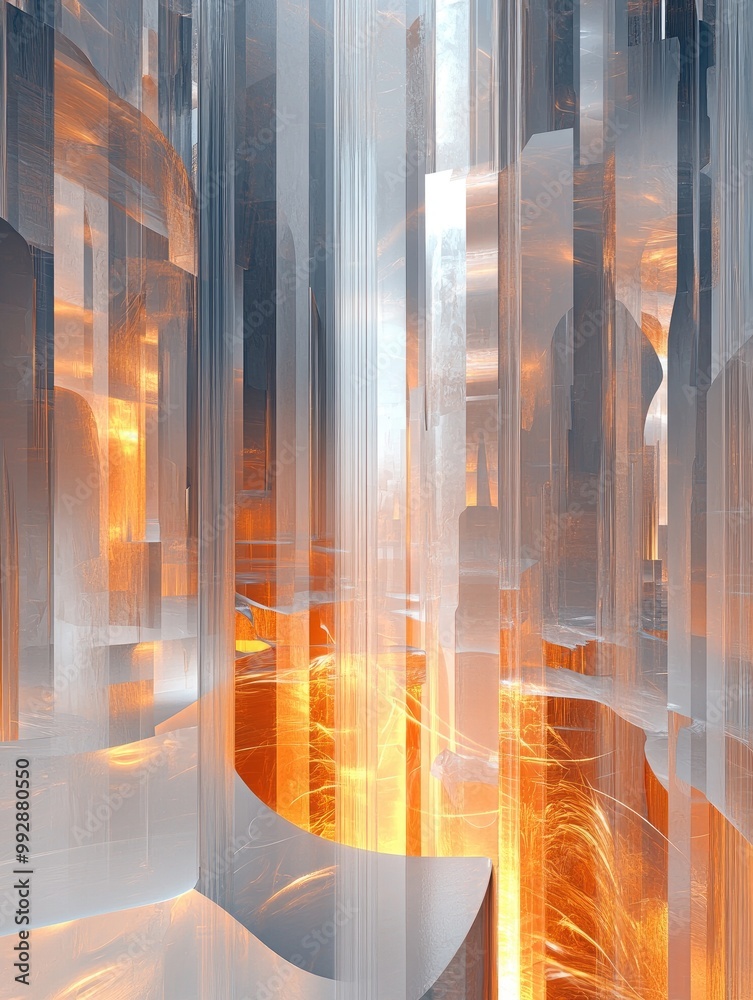 Poster fantasy 3d render featuring an abstract background with intricate structures composed of vertical ge