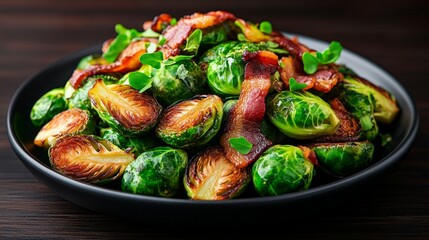 Crispy Brussels Sprouts with Bacon: A tantalizing platter of roasted Brussels sprouts, caramelized to perfection and topped with crispy bacon, ready to tempt your taste buds.  