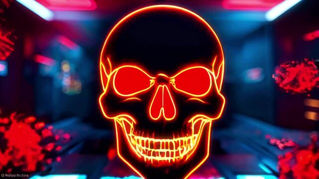 A glowing red skull surrounded by virus particles.