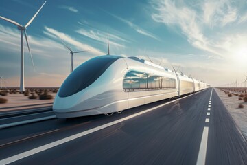 Futuristic high-speed train travels through a desert landscape. Wind turbines provide clean energy in the background. The design is sleek and modern. Generative AI