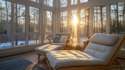 A serene sunlit room with lounge chairs, surrounded by large windows and nature outside.