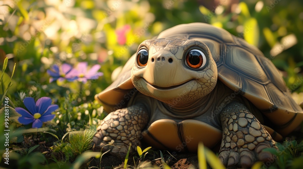 Canvas Prints A cute turtle smiling amidst colorful flowers in a vibrant garden setting.