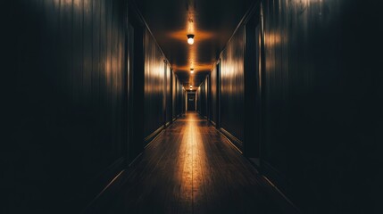 A dimly lit hallway with wooden floors and warm lights creating an eerie atmosphere.
