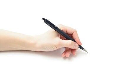 Left hand holding a pen writing isolated on a white background