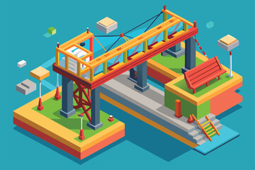 A detailed isometric illustration showcases bridge construction with colorful elements and structures, Customizable isometric illustration of bridge construction.