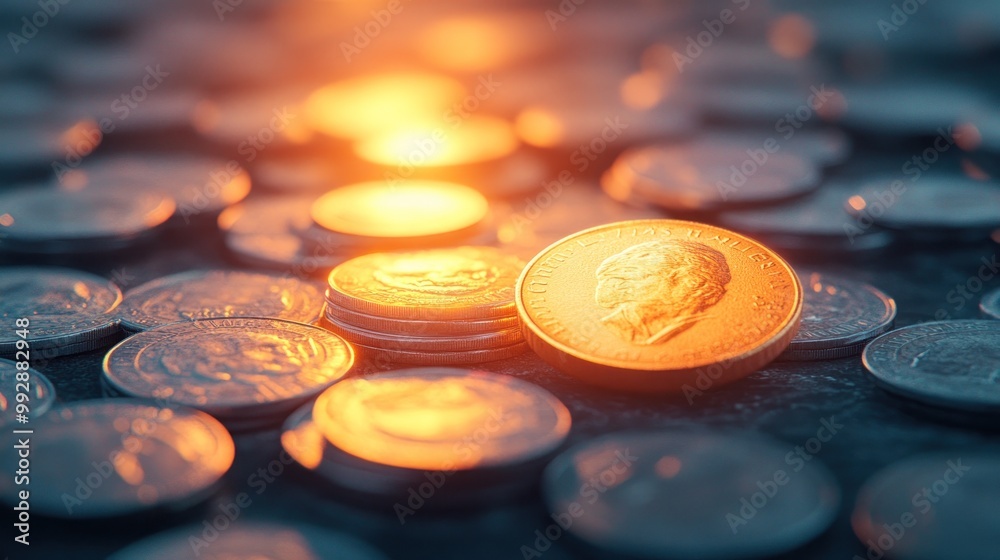 Wall mural A close-up of various coins with a focus on a prominent golden coin, illuminated by light.