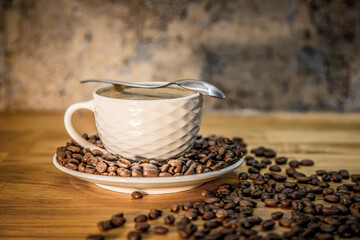 coffee cup, oak countertop, spoon, coffee beans, brown, roasted, white, porcelain, rustic background, coffee, cup, cafe, beans, caffeine, dark, coffe