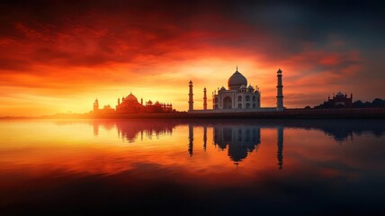Naklejka premium Taj Mahal reflection in a calm river at sunset, golden and pink hues illuminating the sky, serene landscape with architectural beauty