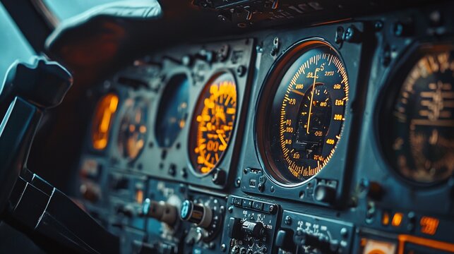A detailed view of an aircraft's cockpit highlights the complex airspeed gauge with its elaborate dials and measurements.