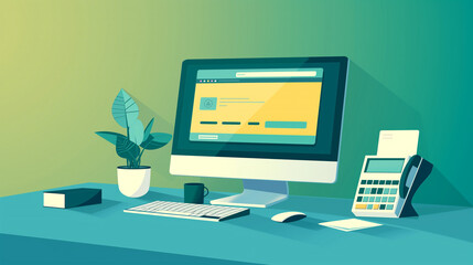 Modern Office Desk with Computer, Phone, and Plant