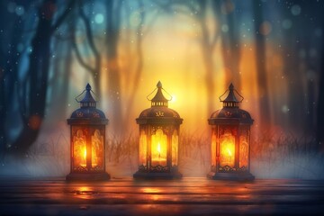 Fototapeta premium Three glowing lanterns of different sizes sit on a wooden surface, with a dark, eerie forest and a cloudy sunset in the background. The scene evokes a spooky Halloween atmosphere.