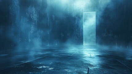 Obraz premium Vintage blue empty room with textured walls and open door, abstract background. Generative AI