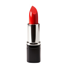 Red Lipstick In Shiny Silver Tube Isolated On White Background