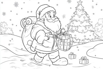 Coloring Page: Santa with presents next to the festively decorated tree