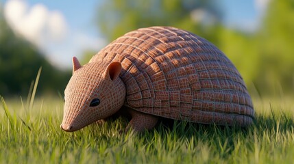 Obraz premium A stylized armadillo resting on grass in a serene outdoor setting.