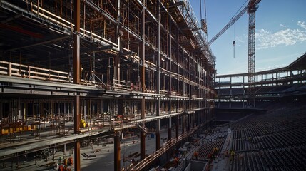 Detailed image of a massive sports arena under construction, with a focus on the steel frame and the seating installation process
