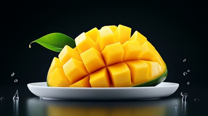 Juicy Mango Delight: A vibrant, half-sliced mango, meticulously diced, rests on a pristine white plate, glistening with droplets of its sweet juice.