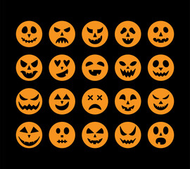 Fototapeta premium Different Scary Faces Set. Jack O Lantern Emoticons Variation. Collection of Spooky Design Elements for 31 October. Funny Emotions for Pumpkin Characters Bundle.
