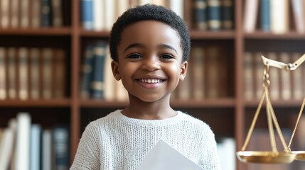 Cute dark skinned child smiling and holding court paper on table scales