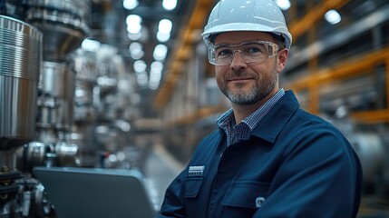 A portrait of an industrial engineer with a laptop in a factory setting, showcasing the integration of technology in modern manufacturing processes.