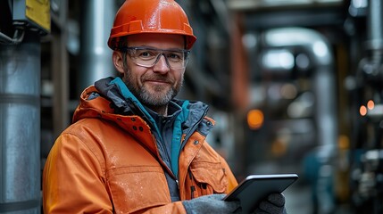 A portrait of an industrial engineer with a tablet in a factory, representing the practical application of technology in industrial environments.