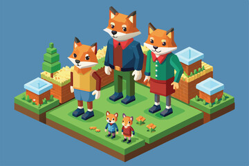 Naklejka premium This artwork depicts a fox family engaging in playful activities in a vibrant, lush environment, Customizable Isometric Illustration of Fox Family