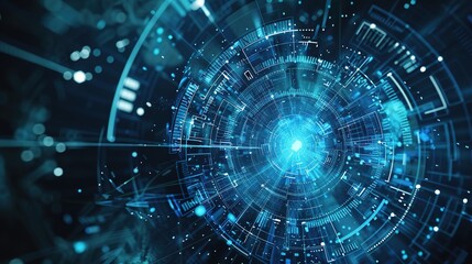 A high-tech user interface with blue and cyan LED lights, featuring digital control panels and futuristic design elements.