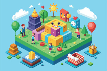 Colorful characters engage in playful activities on a vibrant, isometric landscape filled with happiness, Customizable isometric illustration of happiness