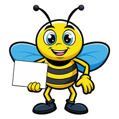 Cartoon bee character, anthropomorphic, smiling, big holding blank sign, yellow and black stripes