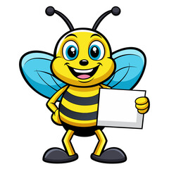 Cartoon bee character, anthropomorphic, smiling, big holding blank sign, yellow and black stripes