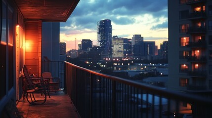 Obraz premium A serene balcony view overlooking a city skyline at dusk, with soft lighting and chairs.
