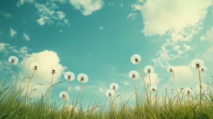 A serene field of dandelions under a bright blue sky, perfect for conveying tranquility and natural beauty.