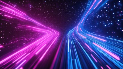 Obraz premium Vibrant neon light trails in pink and blue create a dynamic atmosphere against a dark cosmic backdrop suggesting motion energy and a futuristic aesthetic