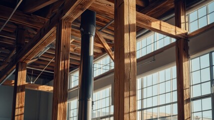 Fototapeta premium Interior view showcasing wooden beams and large windows in a spacious, modern environment.