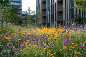 Vibrant Urban Meadow Photo - Wildflowers Bloom in City Park