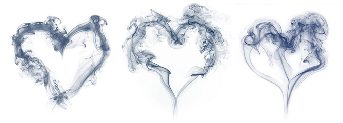 Set of blue smokes forming heart shapes, cut out