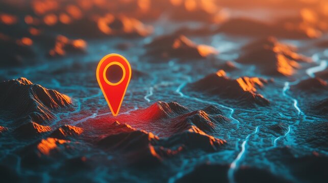 A vibrant red GPS marker acts as a digital guide navigating users through extensive map landscapes Its bright hue ignites curiosity encouraging exploration and the promise of new adventures