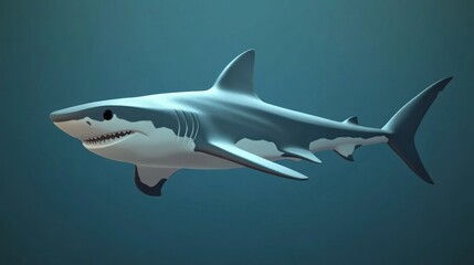 A stylized illustration of a shark swimming in a blue underwater environment.