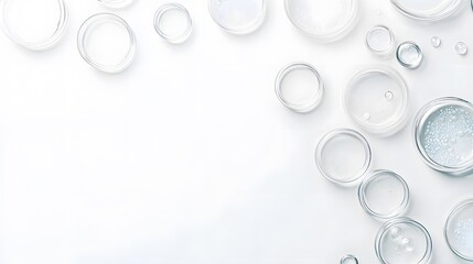 Glass Petri Dishes with Liquid and Bubbles on White Background
