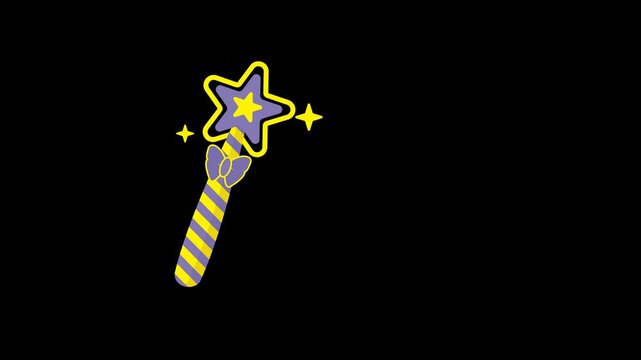 magic wand animated cartoon illustration, Magic wand with star waves, alpha channel black background.