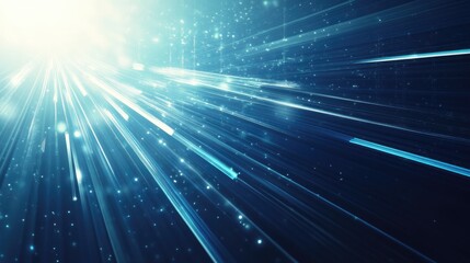 Obraz premium Abstract futuristic energy technology concept featuring light rays and striped lines against a blue background