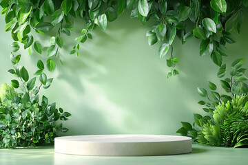 White empty 3d podium surrounded by greenery for displaying natural products. Promotion of natural cosmetics or beauty. Generated by artificial intelligence