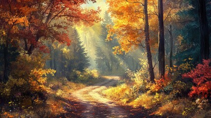 Stunning autumn forest landscape featuring vibrant foliage and a sunlit pathway winding through the trees