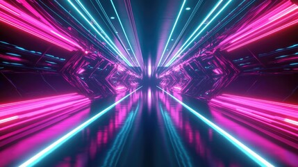 Fototapeta premium 3D render featuring an abstract fluorescent backdrop with a laser display nightclub interior lighting glowing pink and blue lines virtual reality elements and psychedelic geometric shapes