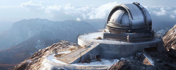 Detailed image of a new observatory being built on a remote mountaintop, focusing on the precision engineering and astronomical instruments