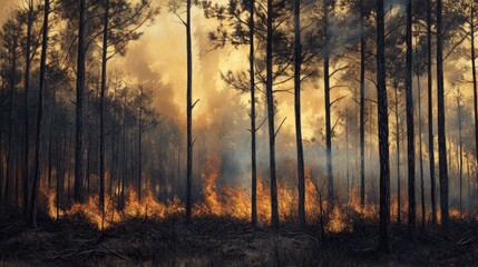 Obraz premium Controlled burn in a longleaf pine forest showcased with intricate details