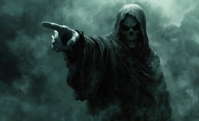 The mysterious dark figure in the dim environment under the dim lights of Halloween reached out this hand